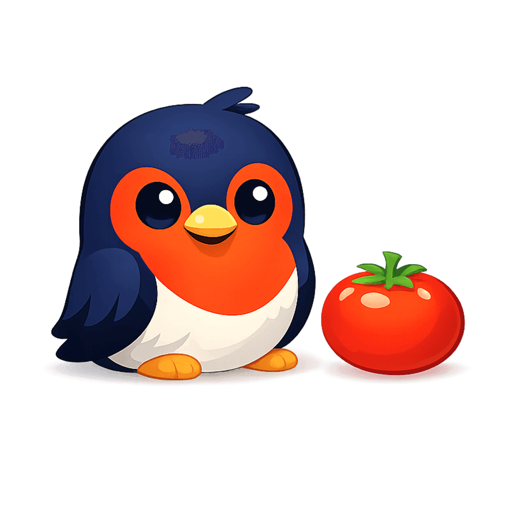 RobinFocus robin mascot standing beside a tomato.